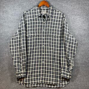 AKA Eddie Bauer Button Up Shirt Men's Large Blue Plaid Long Sleeve 100% Linen